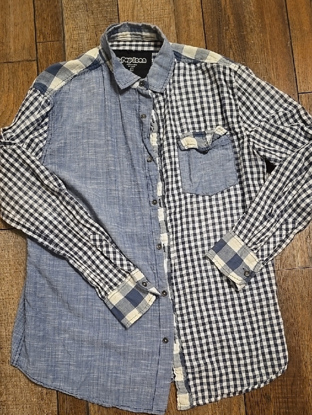 POP ICON CLOTHING Men’s Navy and White Mixed-Check Button-Down Shirt